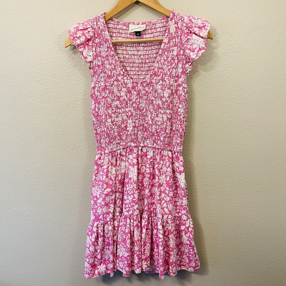 Universal Thread Floral Mini Dress Pink Smocked Tiered‎ Ruffle Sleeve Cute Sz XS